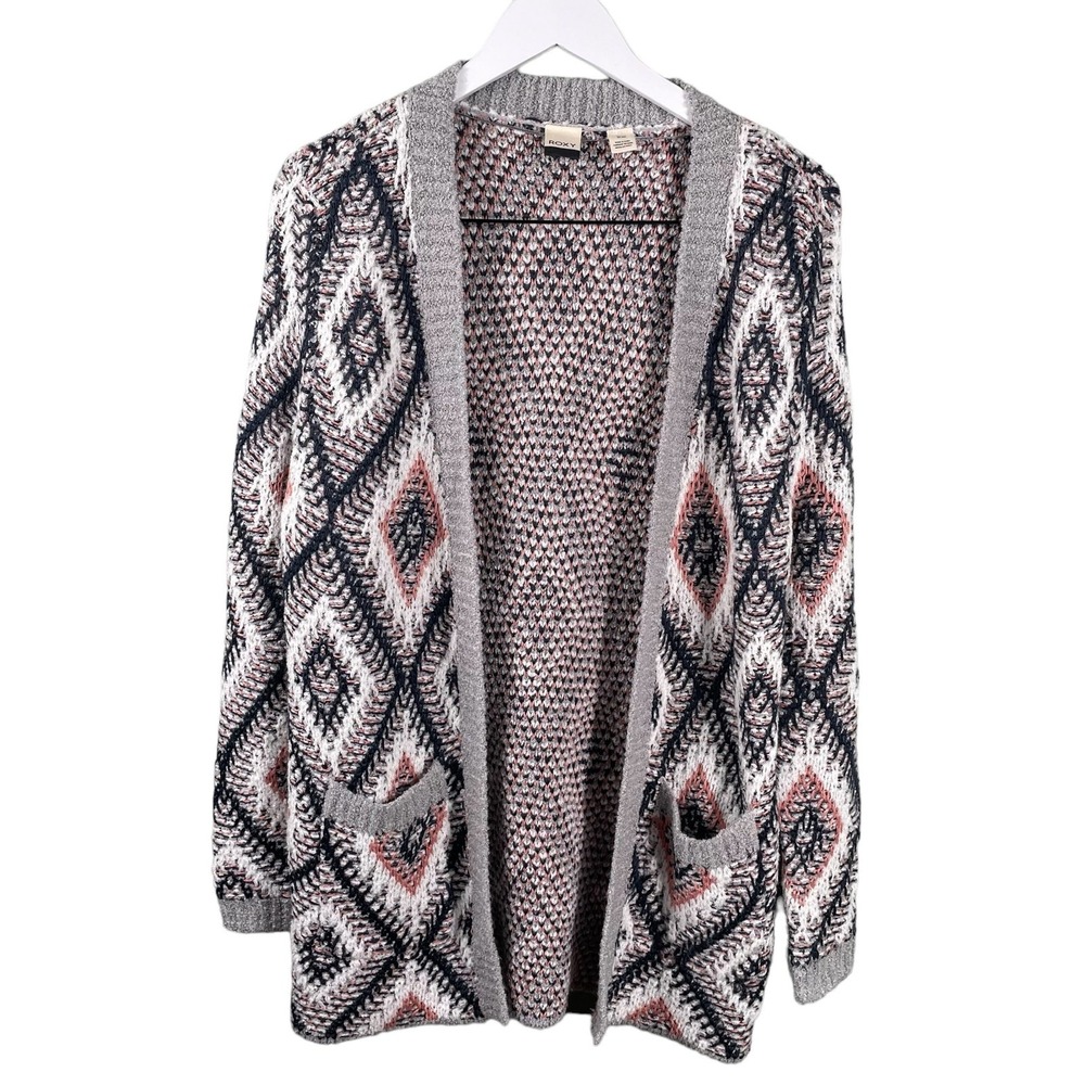 Roxy Geometric Diamond Cardigan‎ Women XS Gray Pink Boho Open Front Sweater